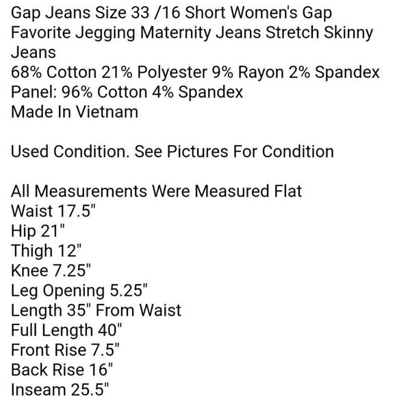 Gap Jeans Size 33 /16 Short Women's Gap Favorite Jegging Maternity Jeans Stretch - Picture 6 of 6